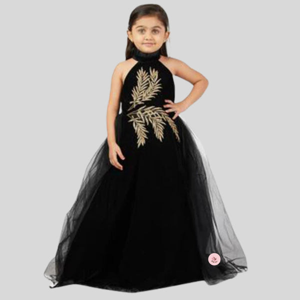 Black Velvet Gown with Gold Embroidery