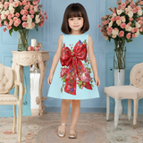 Charming Powder Blue Dress Featuring a Large Red Bow and Floral Motifs