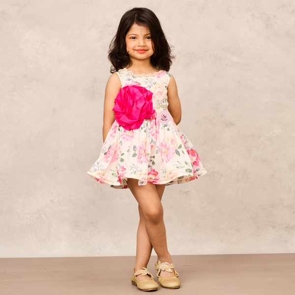 Floral Printed Cotton Dress with Big Pink Taffeta Flower