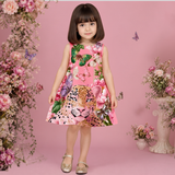 Charming Pink Floral Dress Featuring a Leopard Print and Butterfly Motifs