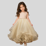 SLEEVELESS GOWN WITH FRONT PEARL & MINI FLOWER DETAIL FEATURING A STYLISH ZIP CLOSURE