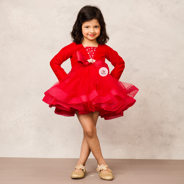 Gorgeous Red Velvet Embellished Bow Dress with Allure Net Bottom