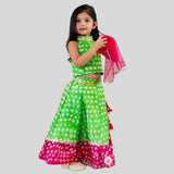 Bandhani Printed Green Halter Neck Top With Lehenga And Net Dupatta