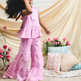 Pinkcow Fashions pink floral print party and birthday wear co-ord set cotton peplum top and tiered sharara pants with bow detailing sleeveless pink