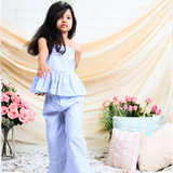 Cotton Woven Sleeveless Horizontal Striped Cord Set Aqua Blue