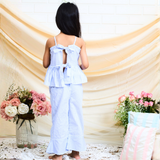 Cotton Woven Sleeveless Horizontal Striped Cord Set Aqua Blue