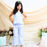 Cotton Woven Sleeveless Horizontal Striped Cord Set Aqua Blue