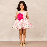 Floral Printed Cotton Dress with Big Pink Taffeta Flower