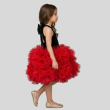 Pinkcow Velvet Halter Neck Butterfly Embellished Ruffle Tulle Party Dress - Black & Red