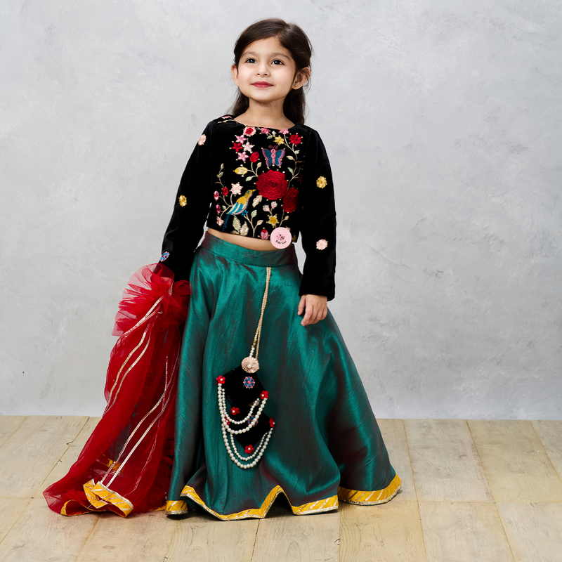 Black Velvet Embroidered Choli with Raw Silk Ghaghra and Tassels