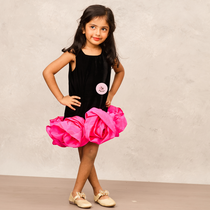 Sophisticated Black Velvet A-Line Dress with Pink Taffeta Flower Accents