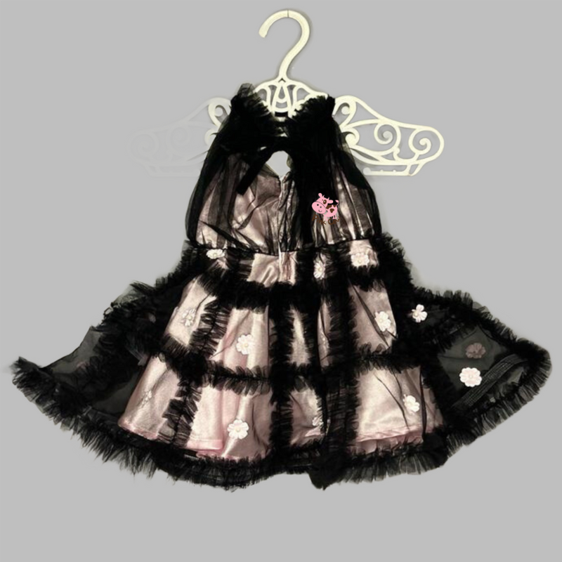 Flower And Pearls Embellished Ruffle Frilly Black Dress