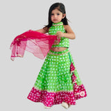 Bandhani Printed Green Halter Neck Top With Lehenga And Net Dupatta