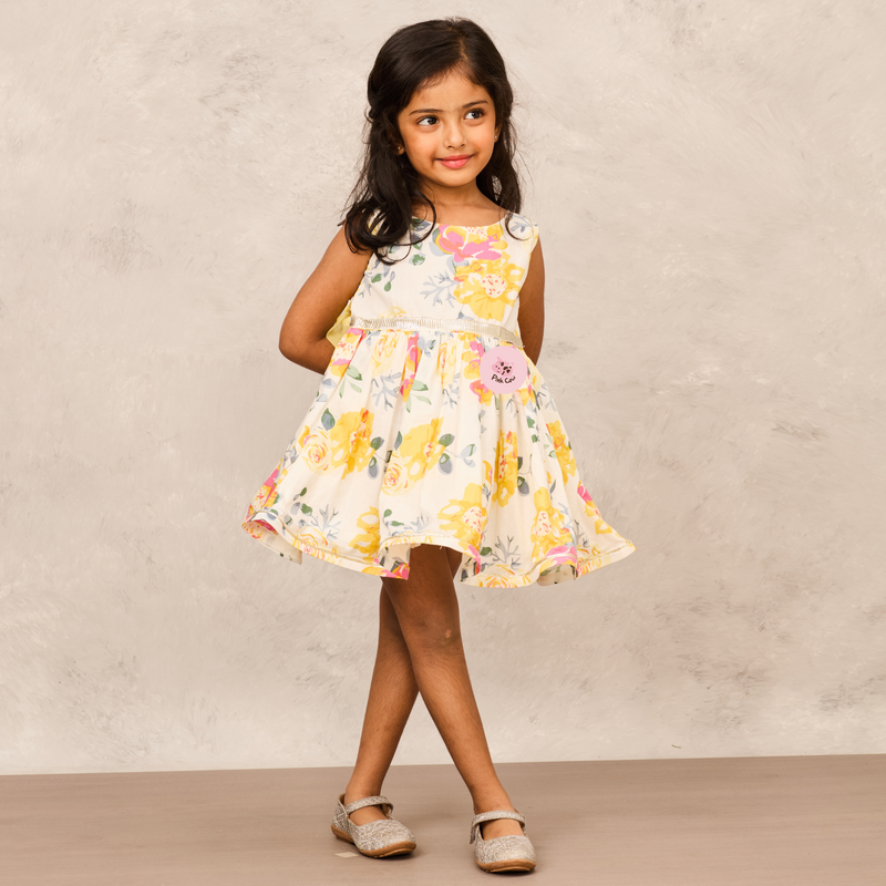 Stylish Yellow Cotton Dress with Intricate Gota Lace Detailing