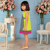 Charming Lime Green Dress Featuring a Bold Checkered Panther Print and Pink Hem