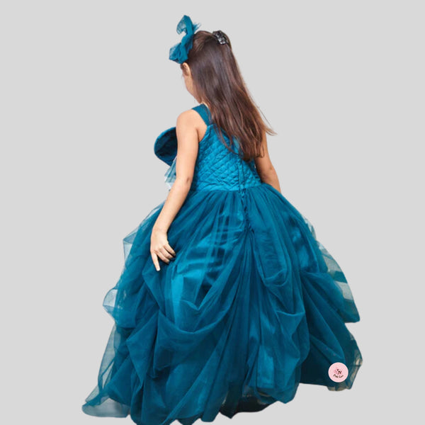 TEAL BLUE DRAPED GOWN WITH BIG VELVET BOW