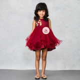 Maroon Lacy Dress with Floral Embellishments on Chest