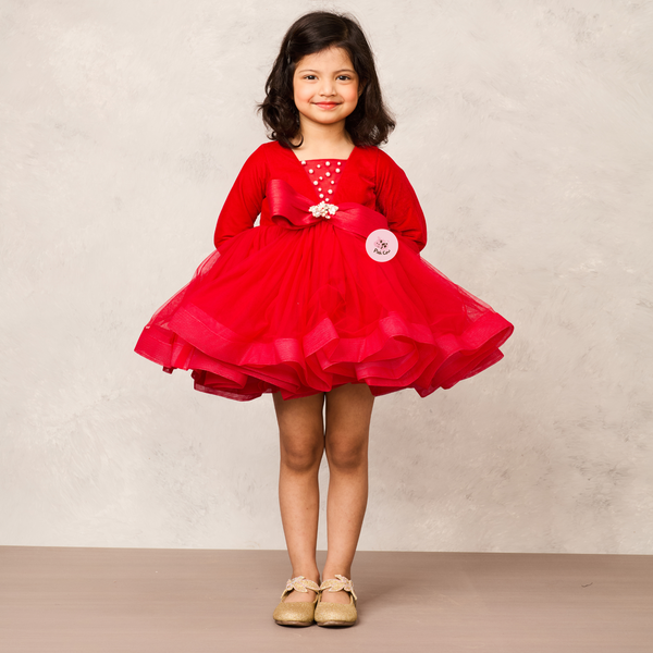 Gorgeous Red Velvet Embellished Bow Dress with Allure Net Bottom