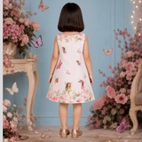 Charming Pastel Pink Dress Featuring a Whimsical Fairy Tale Print and Bow Detail