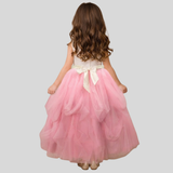 RADIANT GLAMOUR SEQUIN ADORNED BODICE NET FLARED PARTY GOWN WITH GOLD DRAPED SKIRT & DELICATE NET FLOWERS