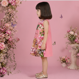Charming Pink Floral Dress Featuring a Leopard Print and Butterfly Motifs