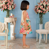 Charming Cream Dress Featuring a Vibrant Floral and Butterfly Print with a Statement Bow