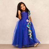 Luxurious Royal Blue Net Gown with Detailed Printed Bow