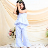 Cotton Woven Sleeveless Horizontal Striped Cord Set Aqua Blue