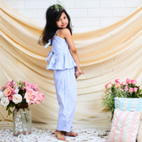 Cotton Woven Sleeveless Horizontal Striped Cord Set Aqua Blue
