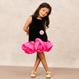 Sophisticated Black Velvet A-Line Dress with Pink Taffeta Flower Accents
