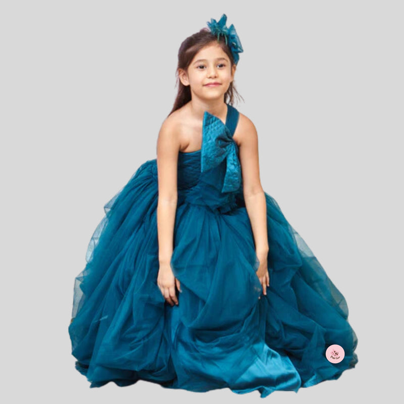 TEAL BLUE DRAPED GOWN WITH BIG VELVET BOW