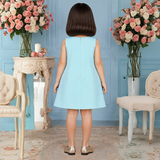 Charming Powder Blue Dress Featuring a Large Red Bow and Floral Motifs