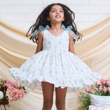 Cotton Woven Sleeveless White Dress With Light Blue Tie up Straps