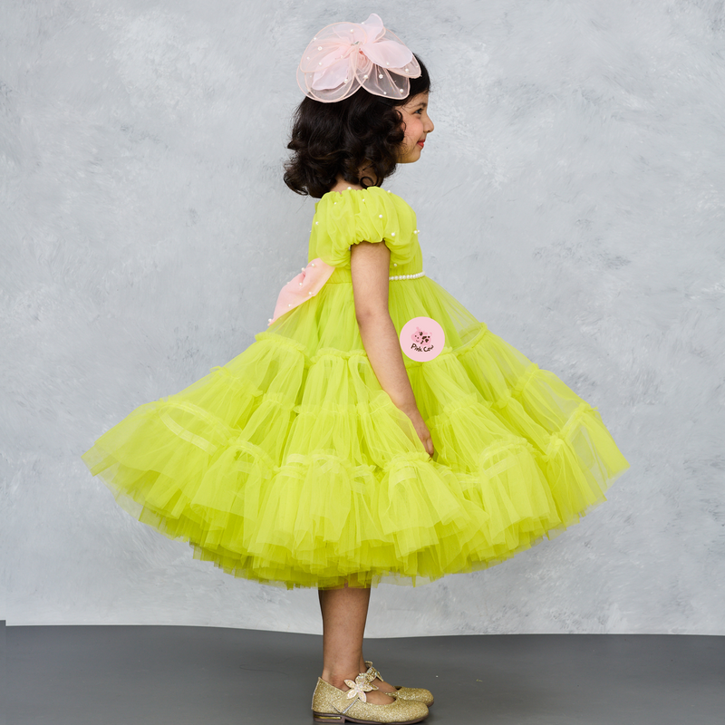 Dolls Wear Out Green Puff Sleeves Gown with Butterfly Embroidery and Pearl Work