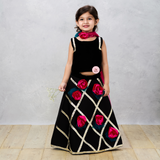 Midnight Elegance Black Scuba Ghaghra Choli with Floral Gotta Lace Detailing