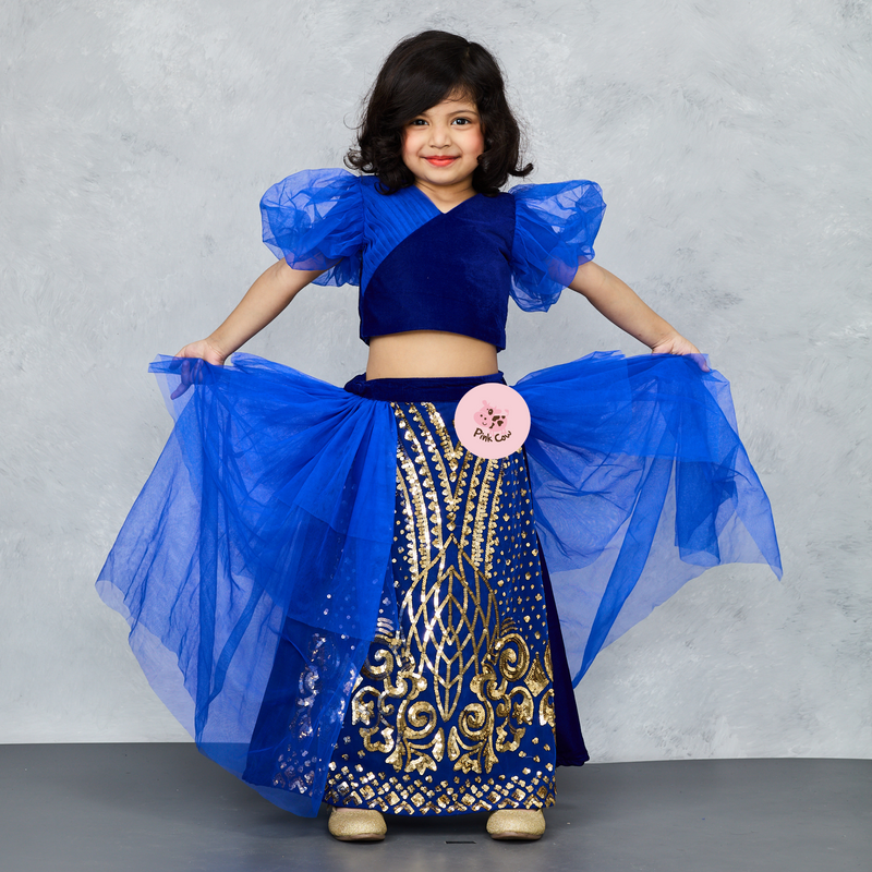 ROYAL BLUE STYLISH GHAGHRA CHOLI WITH GOLD EMBROIDERY