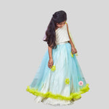 Dreamy Cinderella Ghaghra choli with Silver lines embellishments and  green flowers and frills