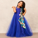 Luxurious Royal Blue Net Gown with Detailed Printed Bow