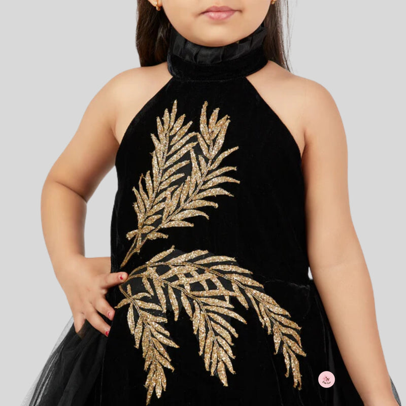Black Velvet Gown with Gold Embroidery