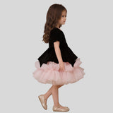 Pinkcow Velvet And Net Short Sleeves Layered Ruffled Dress - Black And Pink