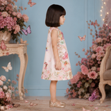 Charming Pastel Pink Dress Featuring a Whimsical Fairy Tale Print and Bow Detail