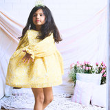 Pinkcow Fashions yellow floral print party and birthday wear babydoll dress with gathered waist and ruffled bishop sleeves long sleeves yellow