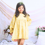 Pinkcow Fashions yellow floral print party and birthday wear babydoll dress with gathered waist and ruffled bishop sleeves long sleeves yellow