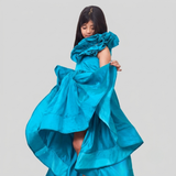 Teal Blue silk ruffled gown