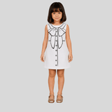Charming White Dress Featuring a Bow and Button Sketch Print