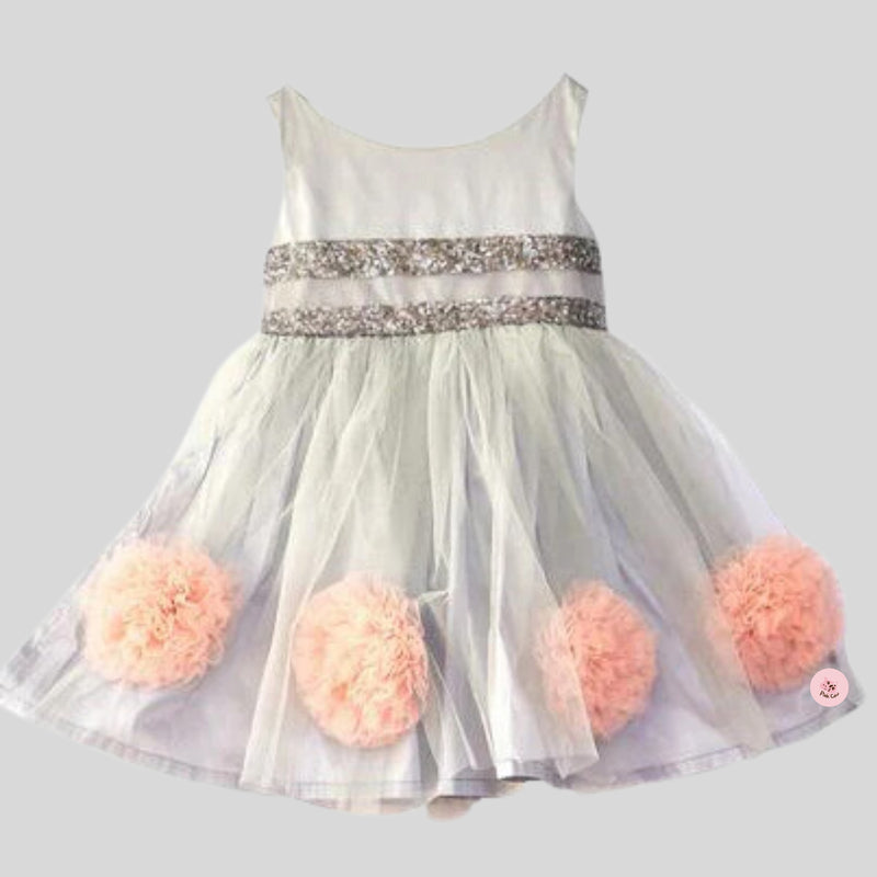 Grey tulle dress with peach pompoms