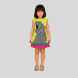 Charming Lime Green Dress Featuring a Bold Checkered Panther Print and Pink Hem