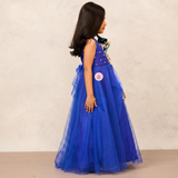 Luxurious Royal Blue Net Gown with Detailed Printed Bow