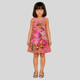 Charming Pink Dress Featuring a Vibrant Panther, Bird, and Butterfly Motif