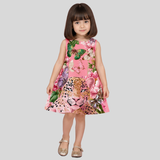 Charming Pink Floral Dress Featuring a Leopard Print and Butterfly Motifs